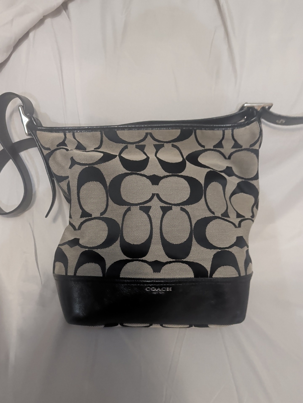 Coach Signature Canvas Shoulder Bag in Black and Beige